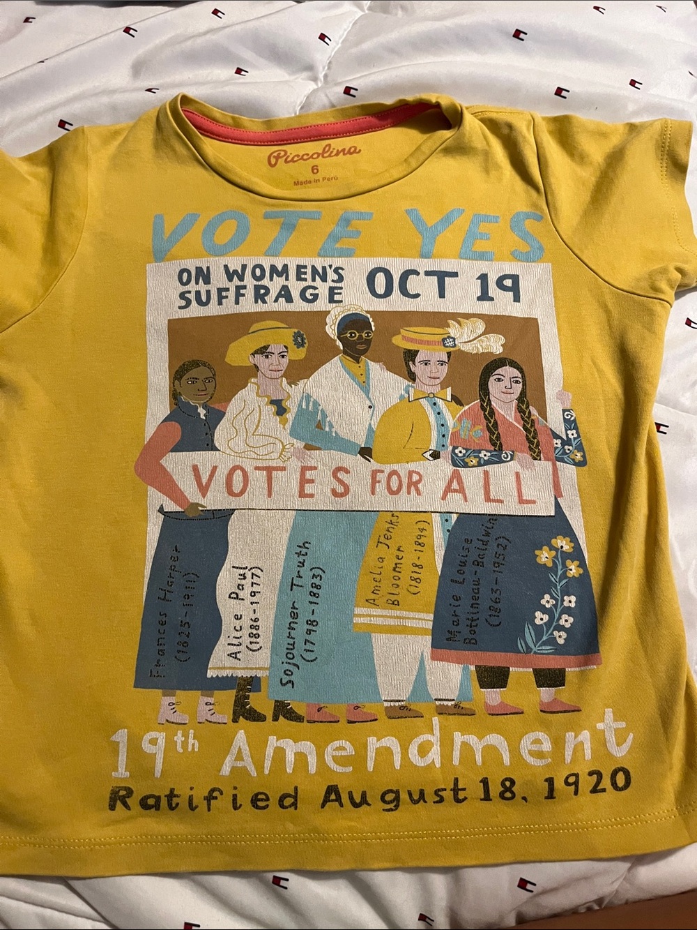 Piccolina Yellow Girls' Short Sleeve Tee - 'Vote Yes' Suffrage Graphic